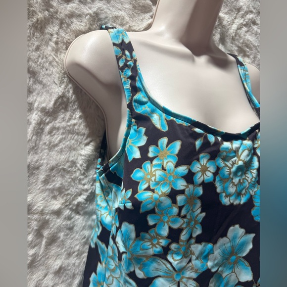 Maxine of Hollywood Bathing Suit Sz 14 Swim Dress Padded Blue Floral One Piece - Picture 3 of 17